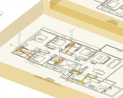 3D visualisation of plumbing and sanitary system showing sanitary wares, pipe routing, and connections generated using Cubicost TME for Pine Grove Parcel B.